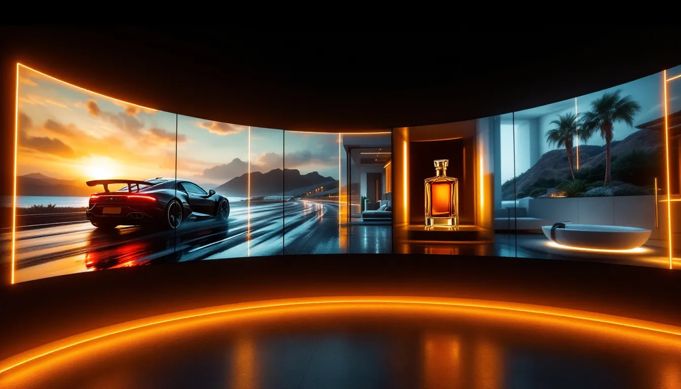 A wall of cinematic AI-generated commercial frames in warm amber light
