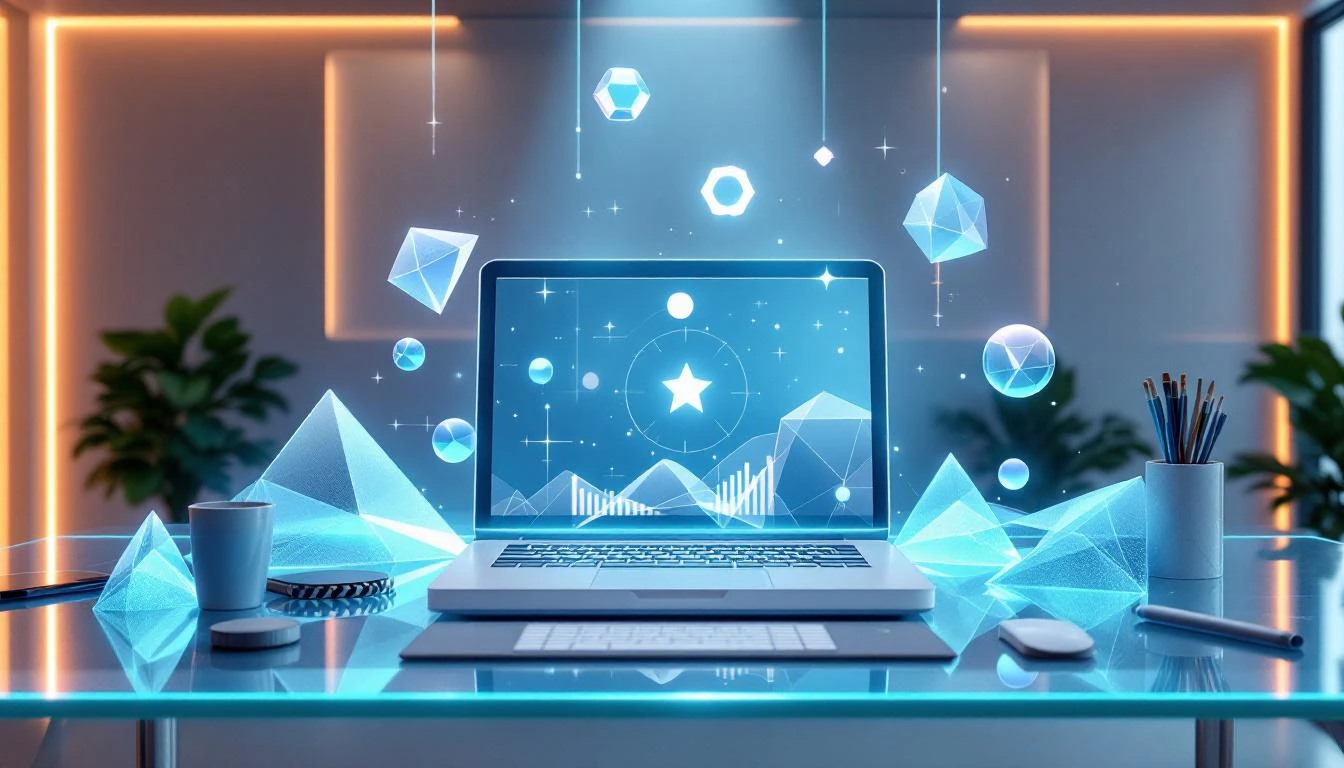 Modern marketing workspace with holographic brand assets and AI-generated imagery