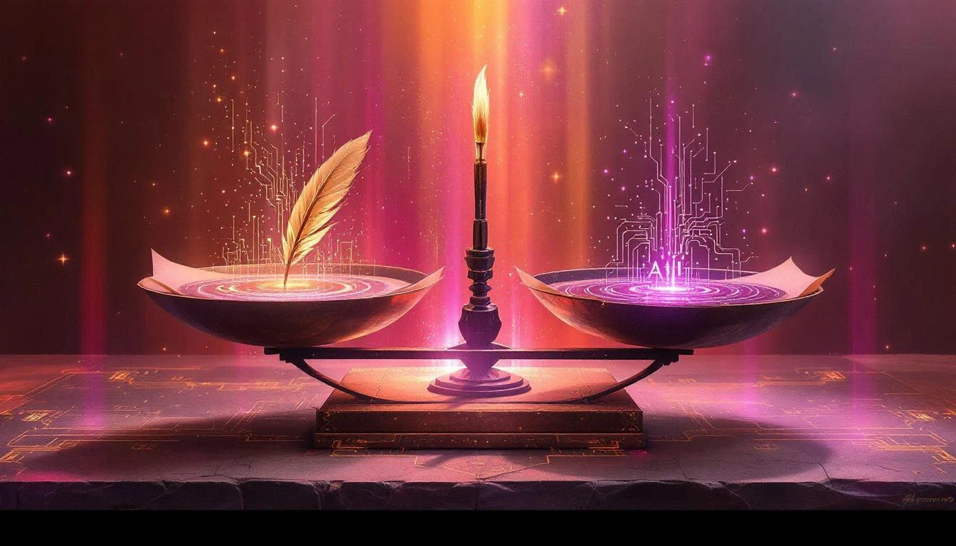 Balance scale representing human creativity and artificial intelligence in warm rose and purple tones