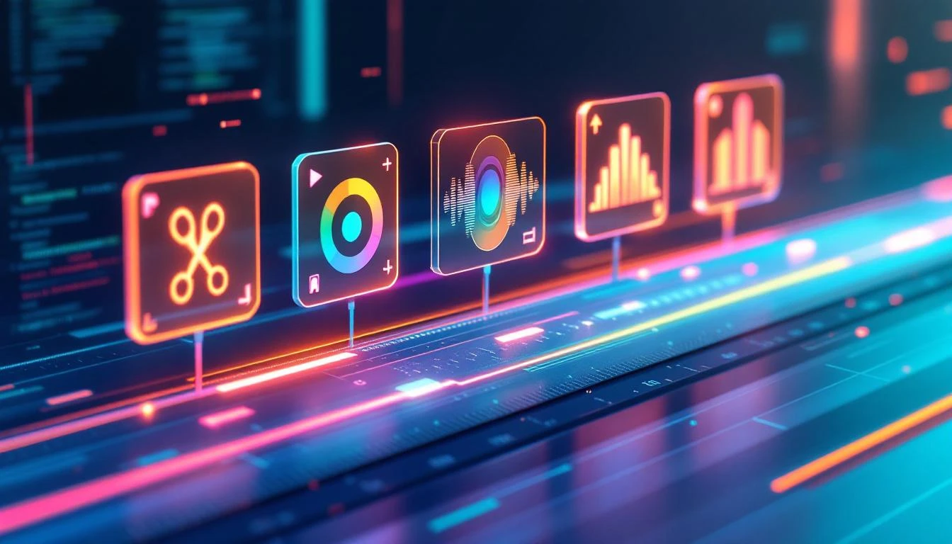 Stylized video editing timeline with AI enhancement modules for post-production