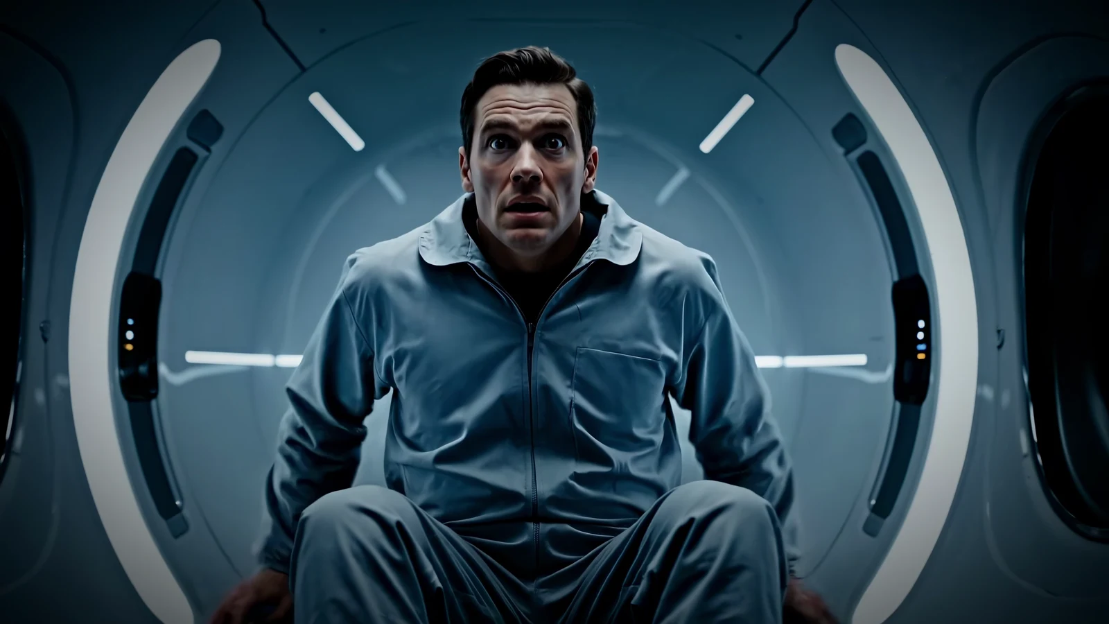 The same shot as finished footage — the man waking inside a lit cryo pod, rendered at full cinematic quality.